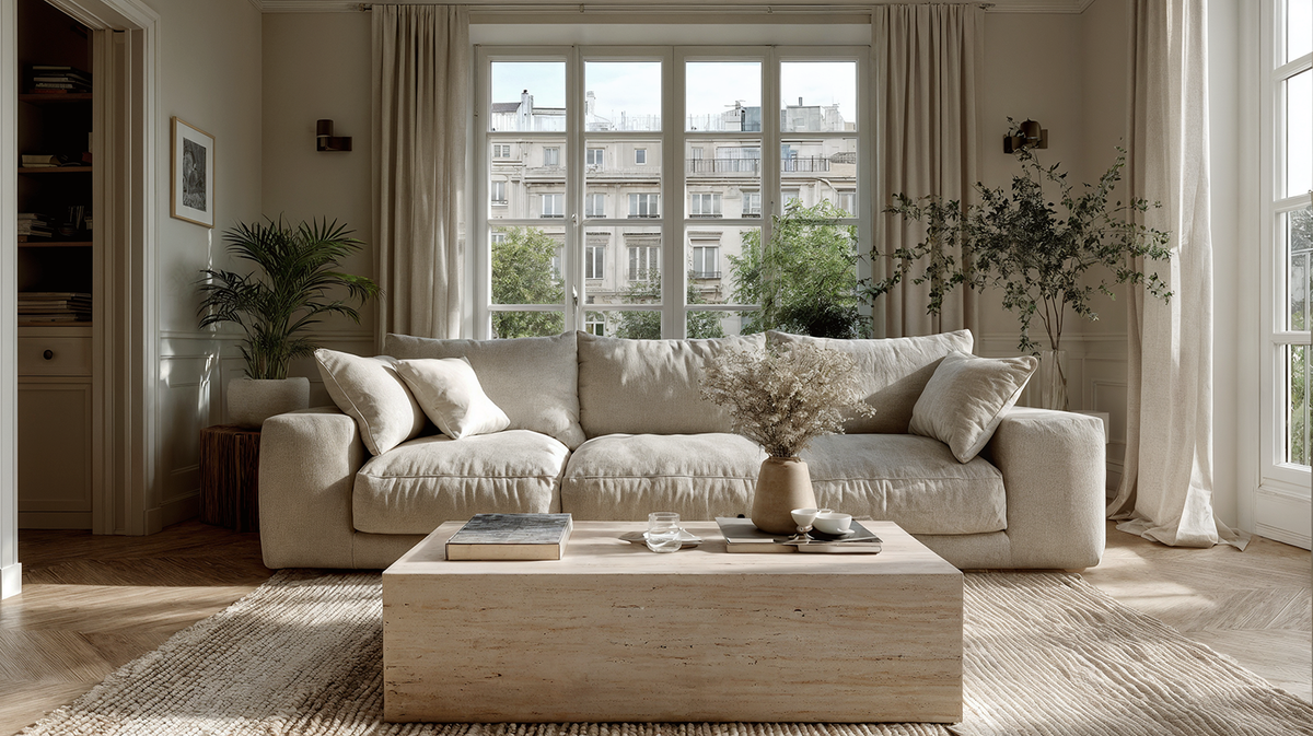 Neutral living room with a travertine luxury coffee table styled with books, ceramics, and dried flowers in front of a cream upholstered sofa and large window.