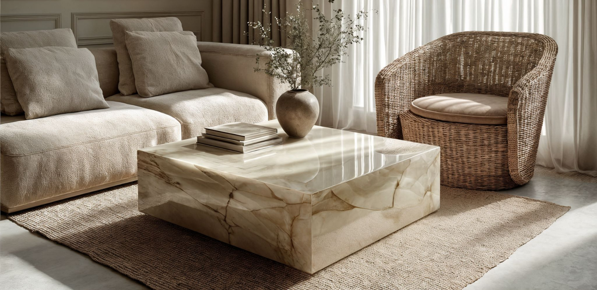 A sleek, soft-toned stone coffee table in a subtle pink hue, adding a refined touch to the space. Its smooth surface and clean lines embody the sophistication of luxury coffee tables.
