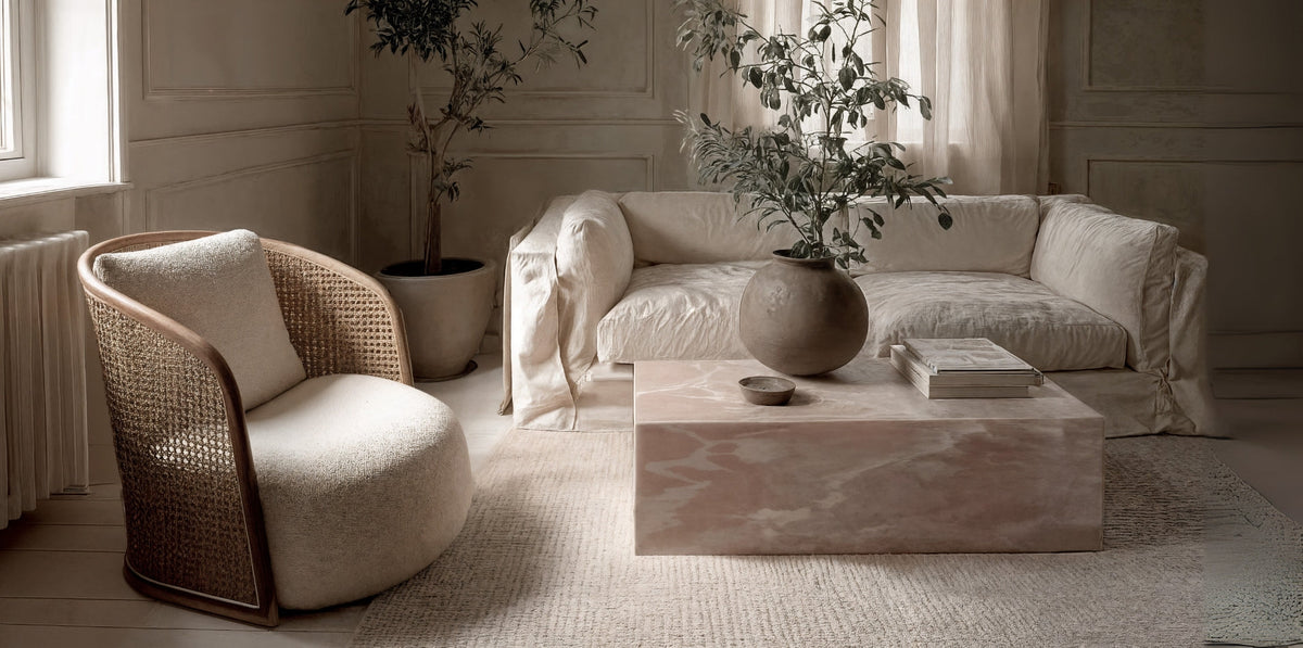 Modern onyx coffee table centerpiece with neutral sofa and textured rug in a bright living room.
