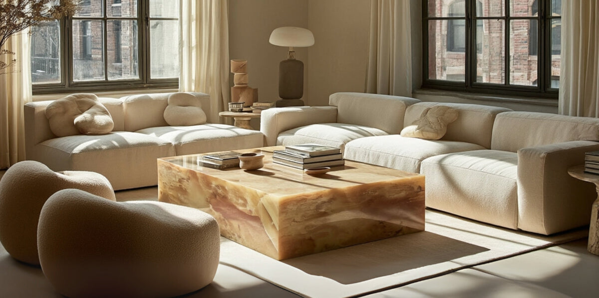 Modern luxury coffee table in honey onyx, styled with books and ceramics, placed in a neutral living room with curved sofas, sculptural lounge chairs, and arched windows.