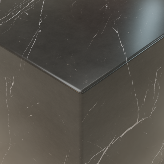 Close-up of the Obscara Nero Marquina Marble Plinth - Cube, featuring a polished black marble surface with delicate white veining and crisp edges—an elegant touch for contemporary interiors.