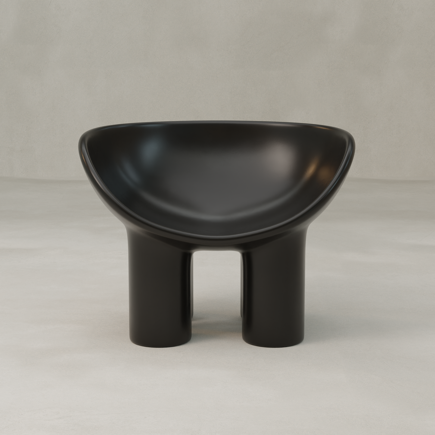 The Arrio Chair features a modern fiberglass build with a curved, bowl-shaped seat and two wide cylindrical legs, set against a plain light background—an exemplar of avant-garde furniture design.