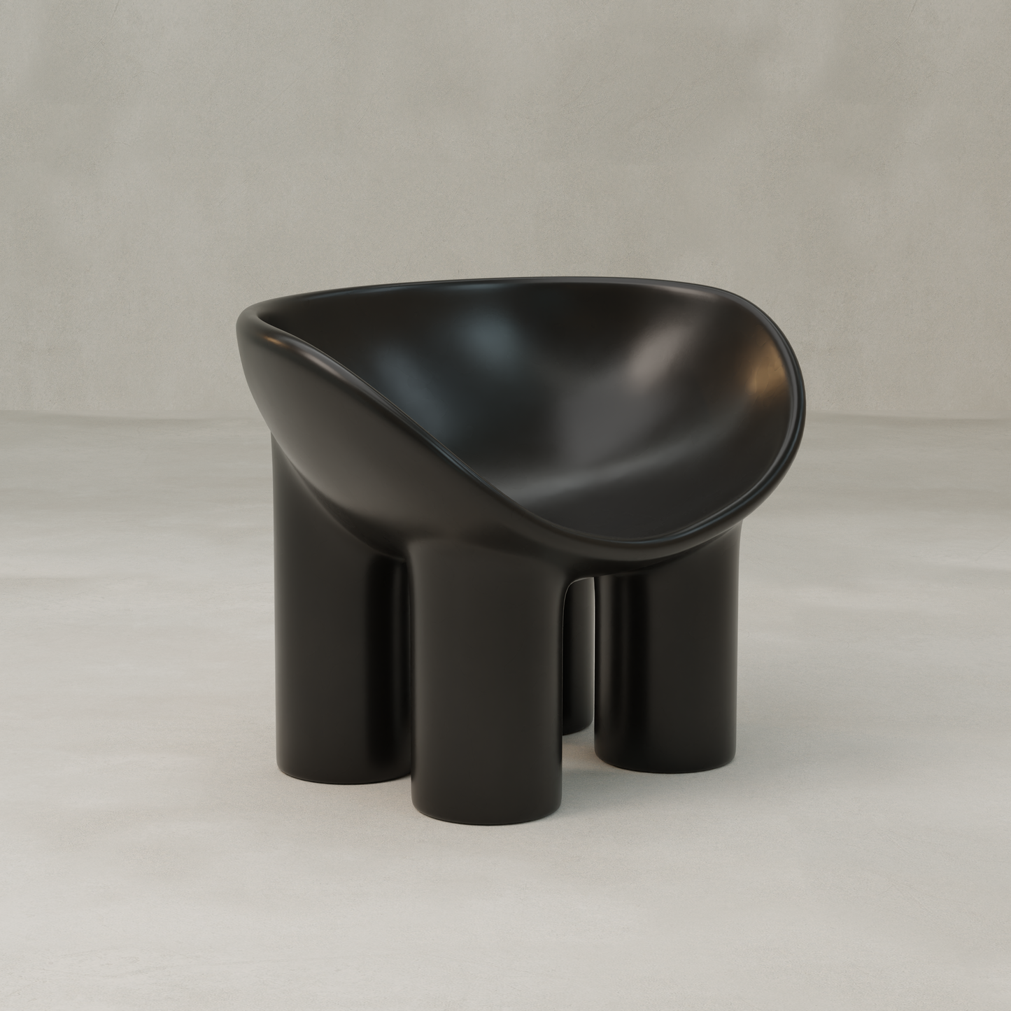 The Arrio Chair boasts a smooth, rounded black seat and four sturdy cylindrical legs, set against a light floor and plain beige background for a modern look.