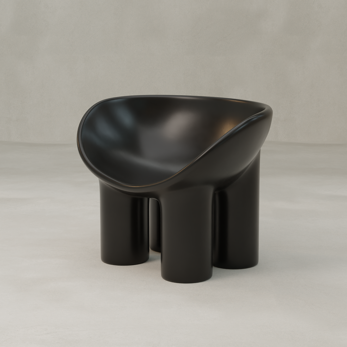 The Arrio Chair features a smooth, rounded black seat and four thick cylindrical legs, shown against a plain light background.