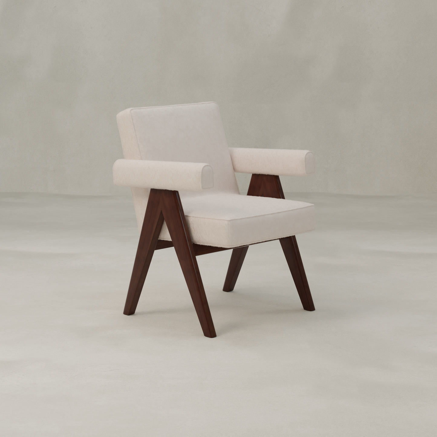 Chair with white cushioned seat and backrest on a light gray background
