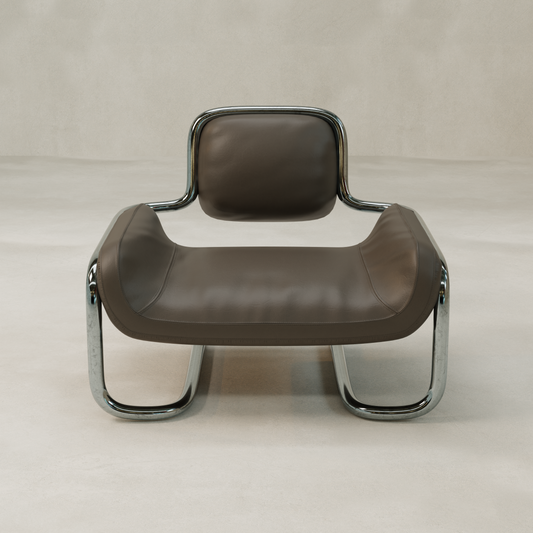Experience modern comfort with the Citron Chair—a low, wide lounge chair upholstered in brown leather with a sleek, continuous chrome frame, perfectly blending contemporary style and relaxation.