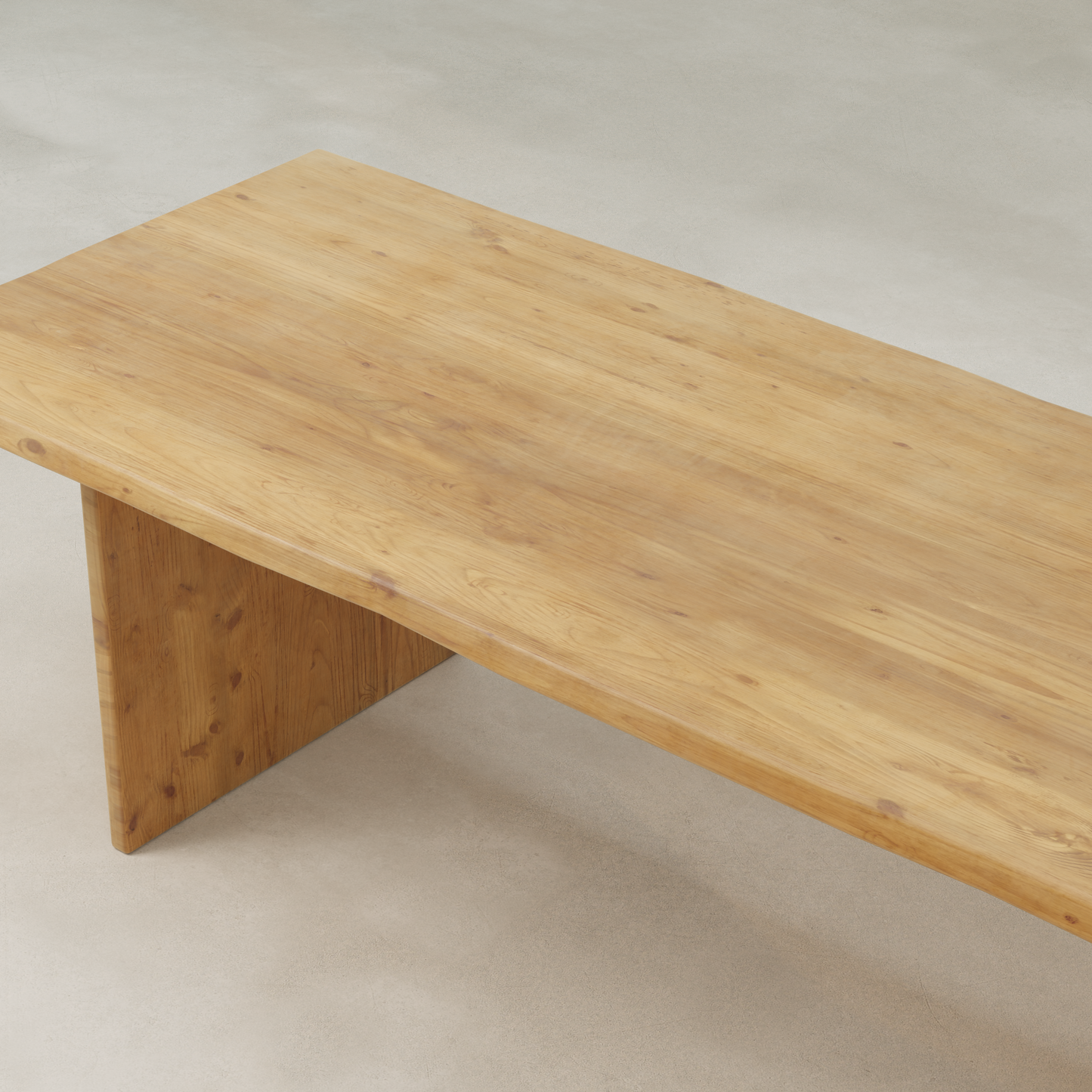 The Elm Farmhouse Table is a minimalist wooden table crafted from aged Elm, featuring a rectangular top, thick flat legs, and a natural finish with visible grain patterns for modern farmhouse charm.