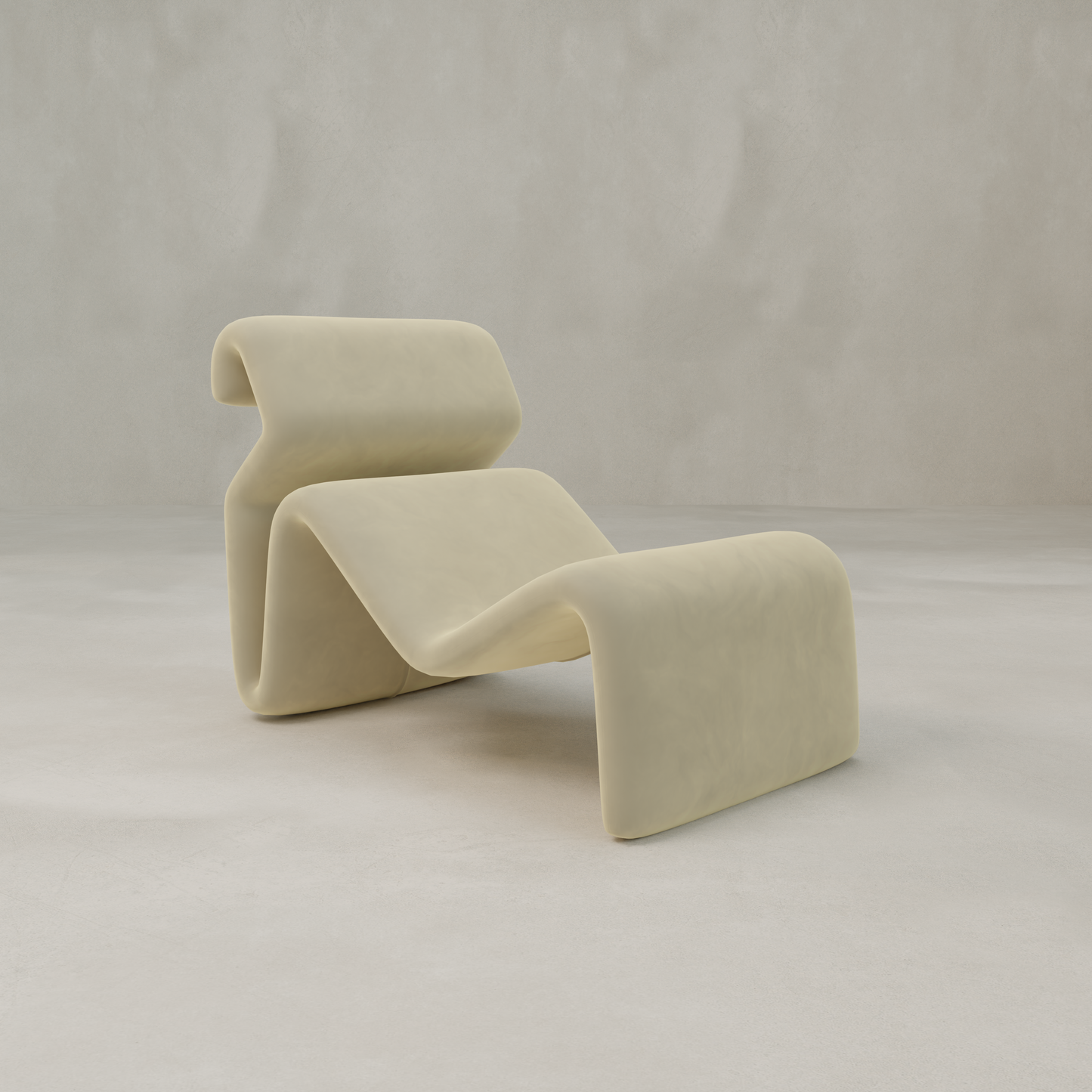 The Infinity Chaise Lounge features smooth cream velvet upholstery and wave-like curves, making it a modern statement piece in a minimalist, light-toned room.