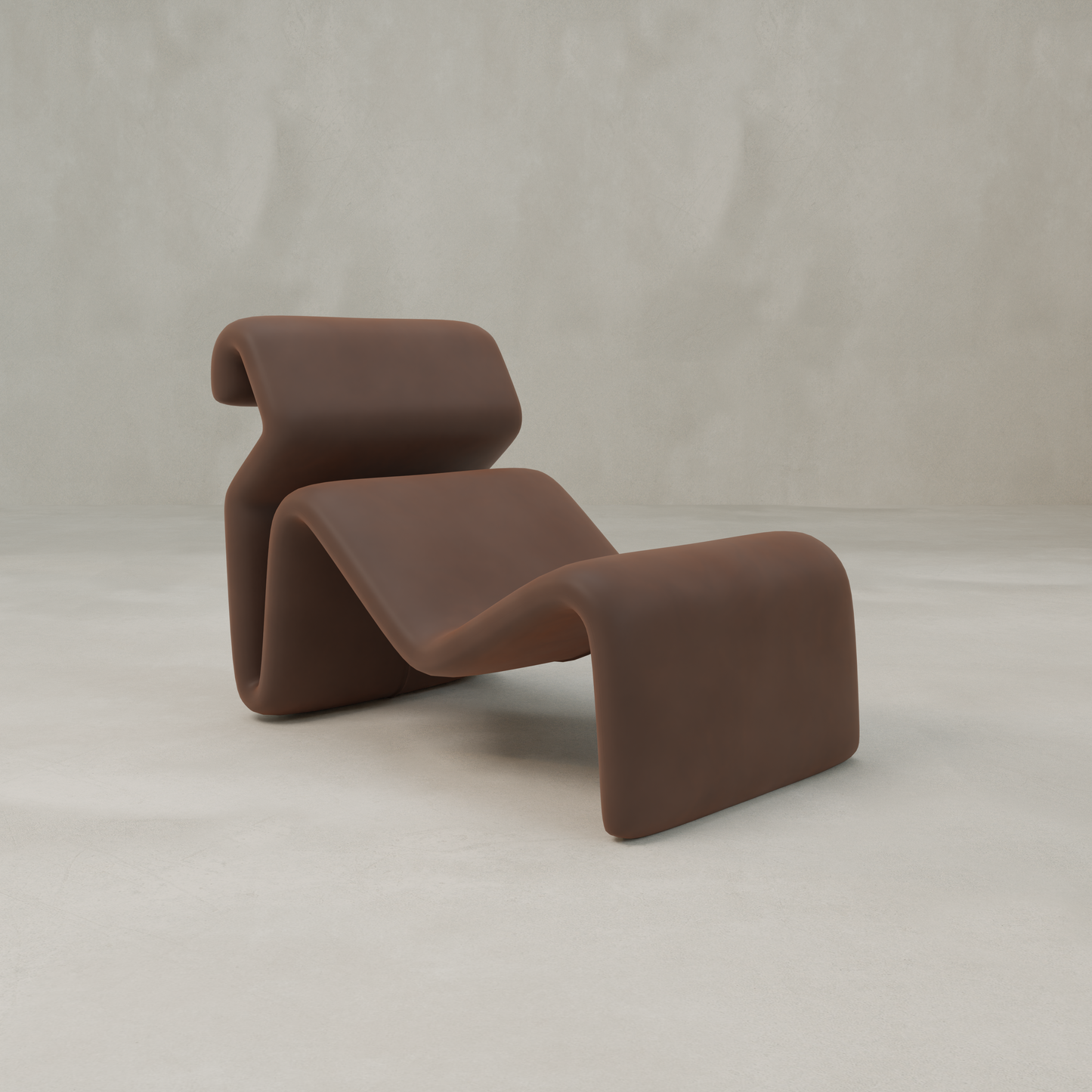 The Infinity Chaise Lounge features a modern, sculptural silhouette with a wave-like form and smooth velvet upholstery, channeling 70s style to stand out as a statement piece against any light-colored background.