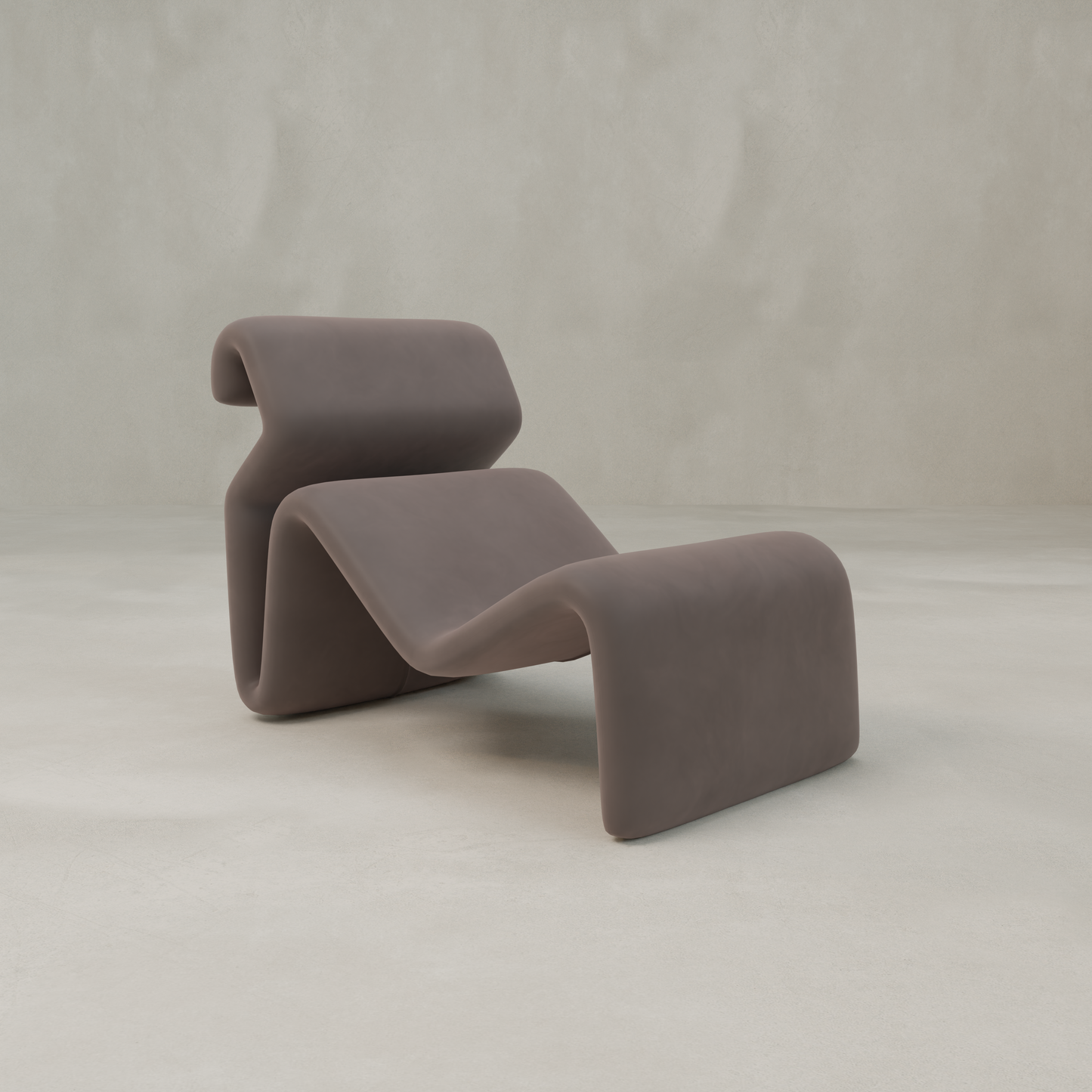 The Infinity Chaise Lounge is a modern, minimalist chair with smooth curves and a matte taupe finish, designed as a statement piece and shown against a plain light gray background.