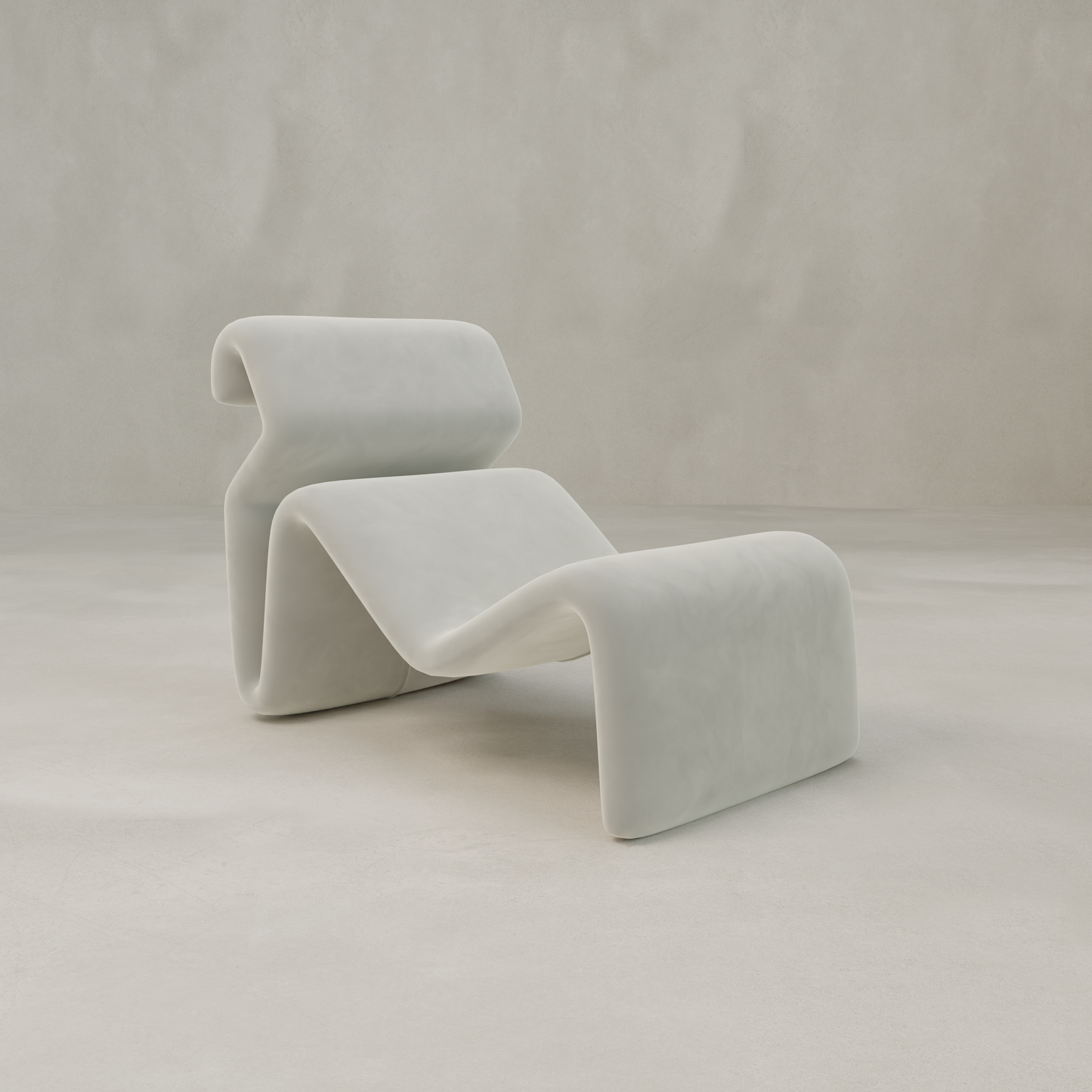 The Infinity Chaise Lounge features smooth, sculptural curves and a minimalist white finish that channels 70s style, making it a bold statement piece against any neutral, textured backdrop.