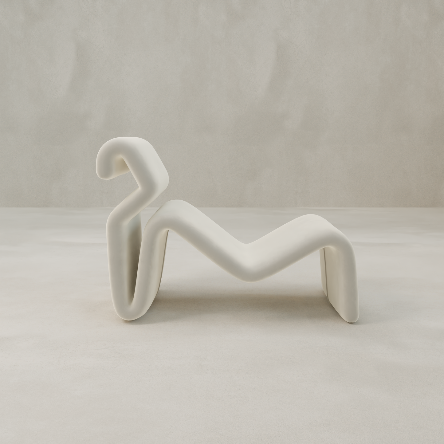 The Infinity Chaise Lounge is a modern, sculptural white chair featuring a continuous zigzag design and smooth, curving lines—a statement piece on a light, minimalist background that subtly nods to 70s aesthetics.
