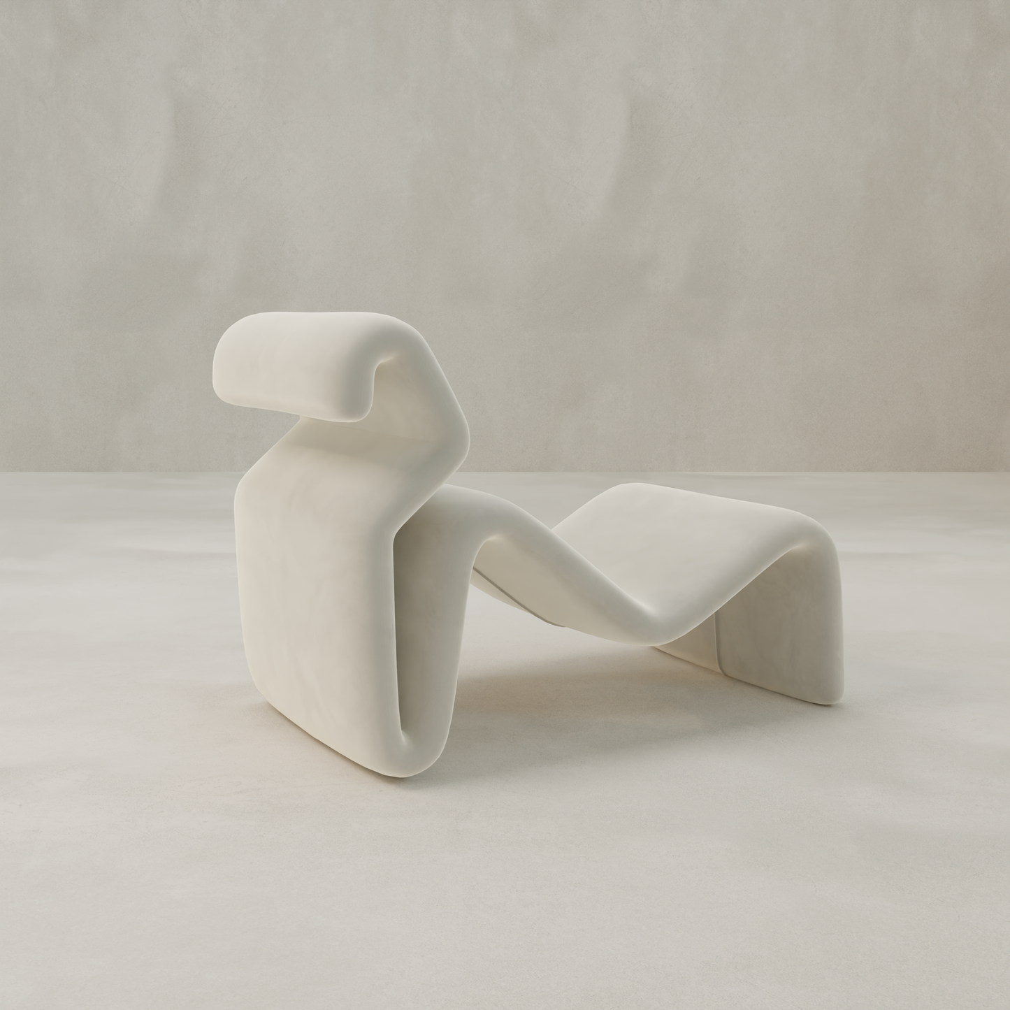 The Infinity Chaise Lounge, with its sculptural white design and wave-like curves, stands out as a statement piece in a minimalist room with neutral-toned floors and walls.