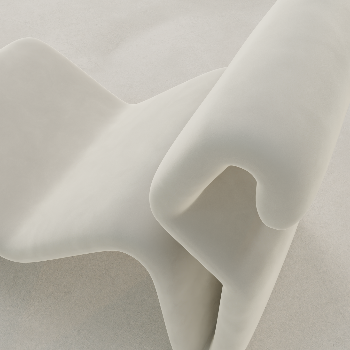The Infinity Chaise Lounge features a smooth, white sculptural form with fluid curves and modern minimalist design, evoking 70s style and serving as a bold statement piece against a neutral background.