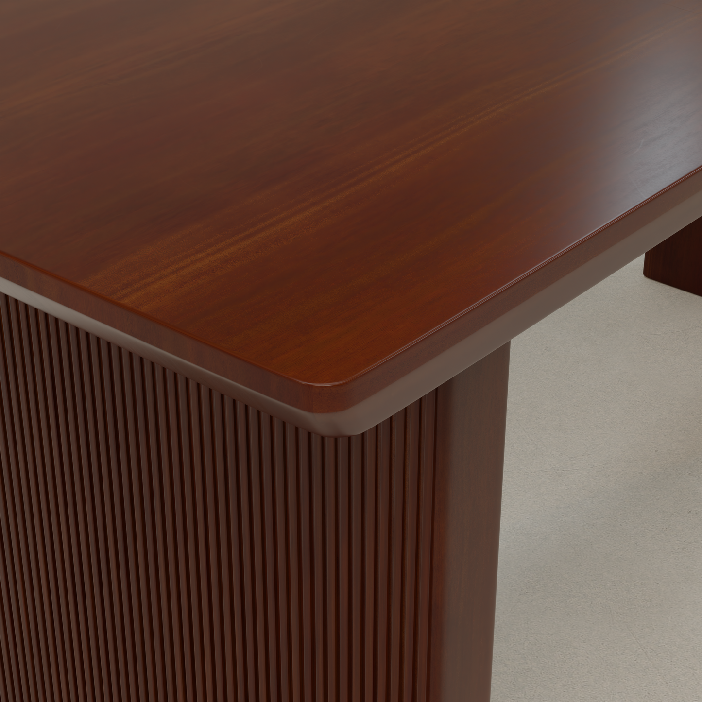 Close-up of the Kensington Dining Table’s dark brown, polished surface and ribbed legs with vertical grooves, set on a light-colored floor.