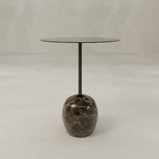 The Le Folie Table Noir Grand Antique Tall is a modern round tea table with a slim black top, single black pole, and glossy dark brown stone leg, set against a light neutral background.