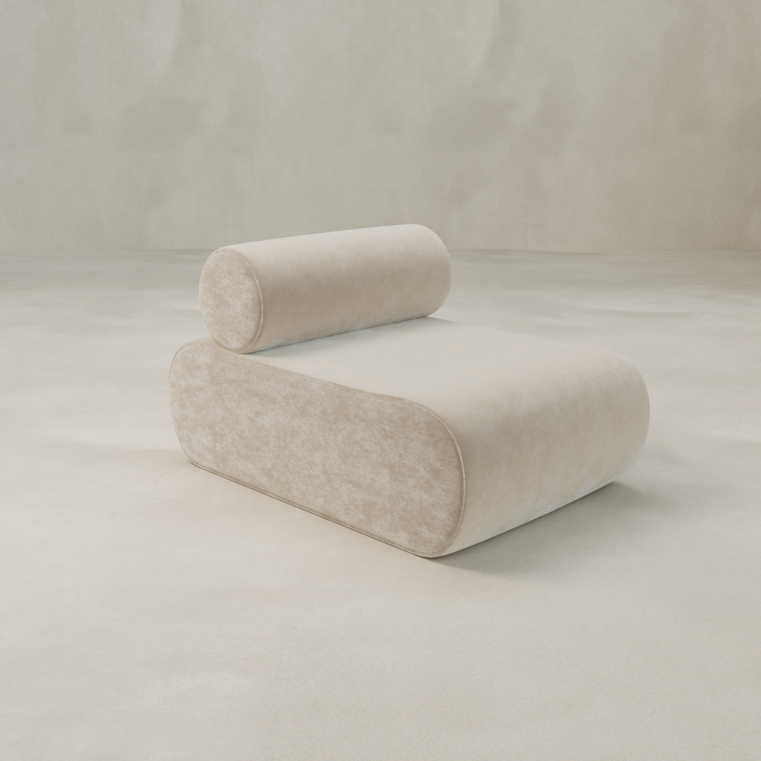 The Nuage Modular Lounge Chair, featuring a rounded rectangular seat and cylindrical backrest in light beige textured boucle, makes a sculptural statement in a minimalist room with matching neutral walls and floor.