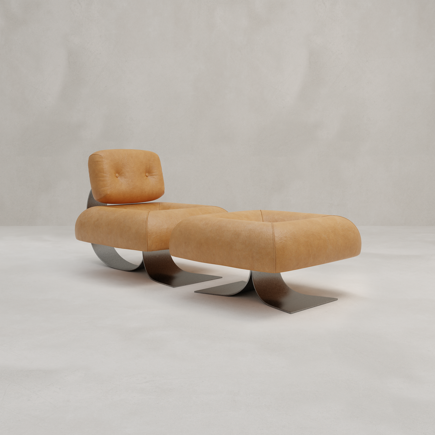 The Paolo Chair With Ottoman is a modern tan leather lounge set with curved metal legs and a contemporary design, shown against a plain light gray background.
