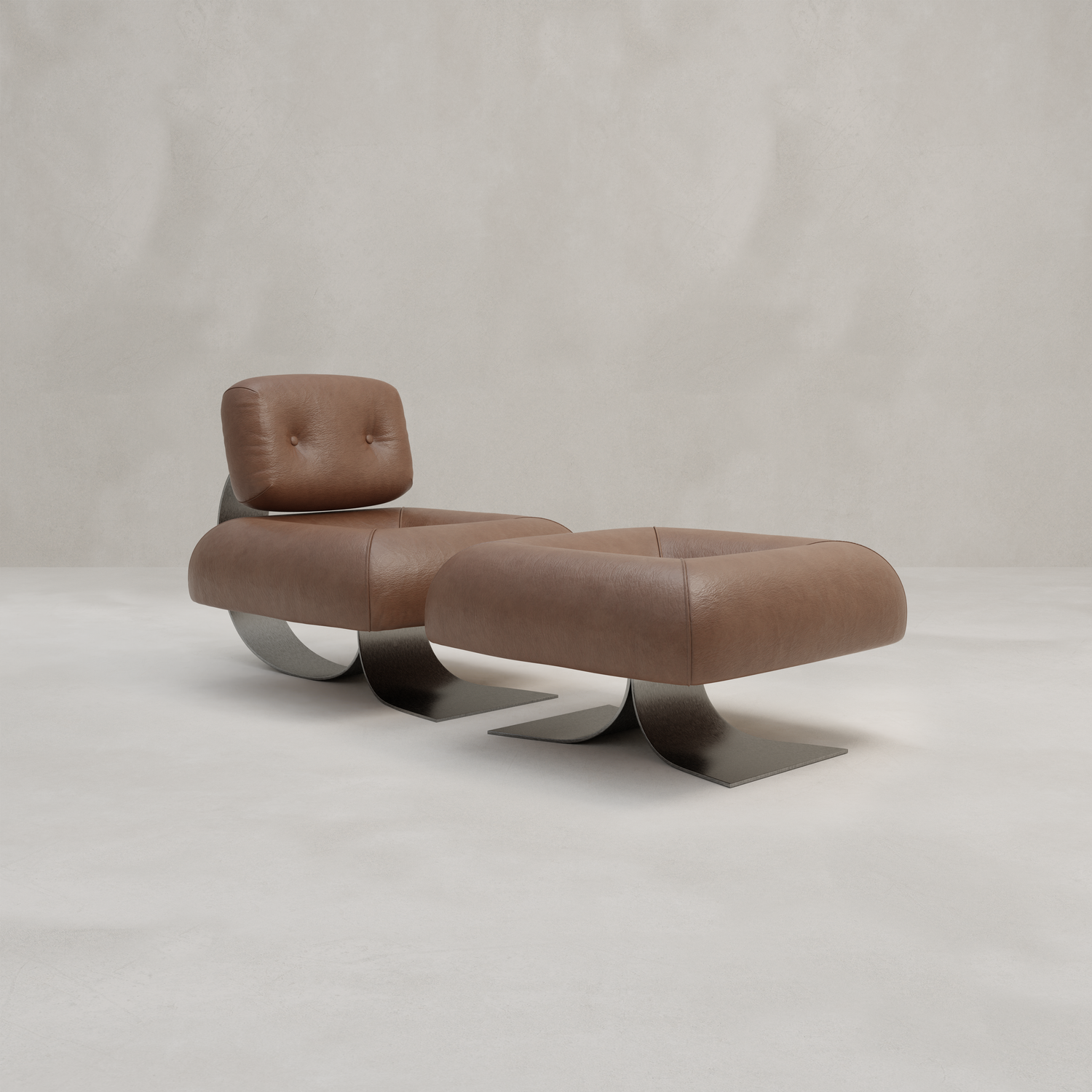 The Paolo Chair With Ottoman features brown leather upholstery and curved metal bases, bringing contemporary style to your space with its modern design set against a light, minimalist background.