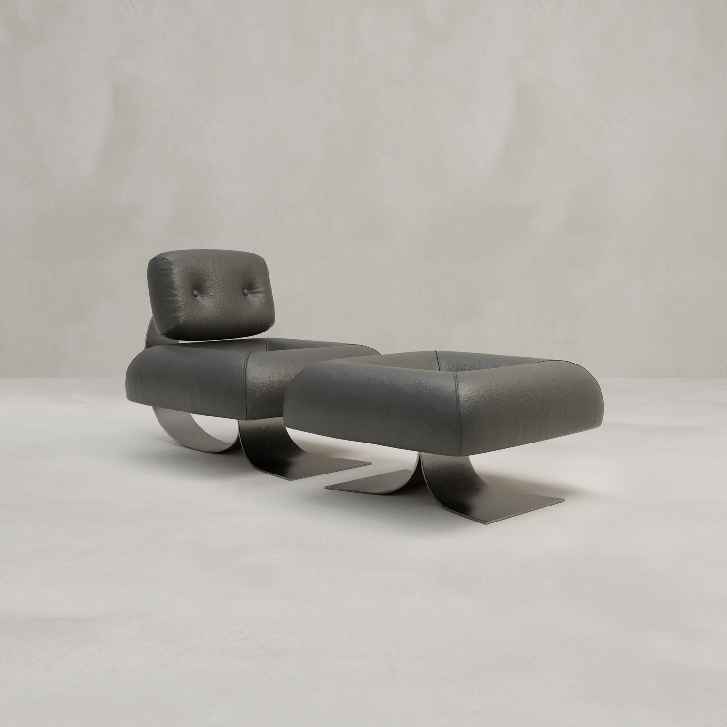 The Paolo Chair With Ottoman is a modern black leather lounge set with curved metal bases and an industrial edge, shown against a light gray minimalist background.