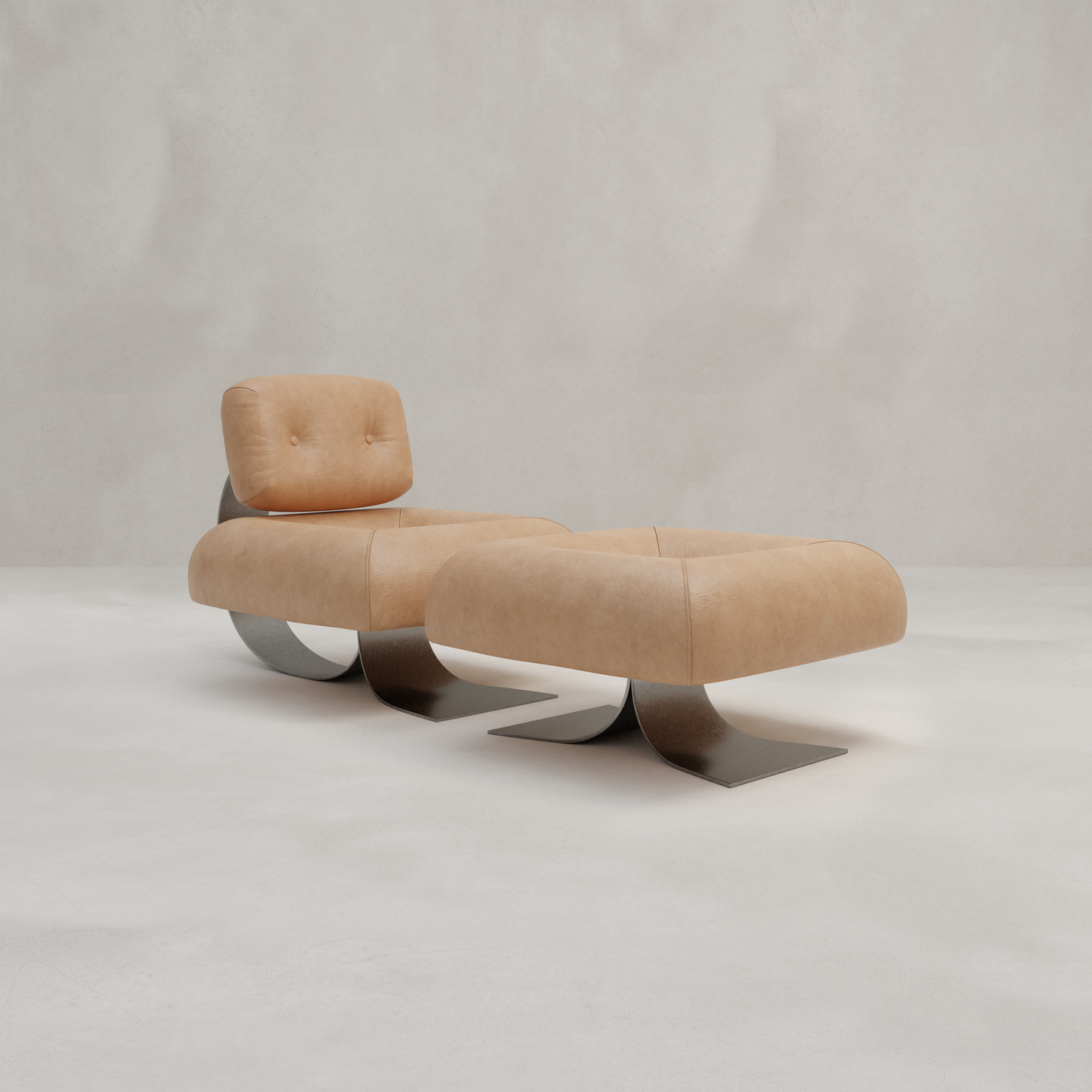 The Paolo Chair With Ottoman features light tan leather cushions and sleek, curved metal bases, offering a modern design that stands out against a plain, light-colored background.