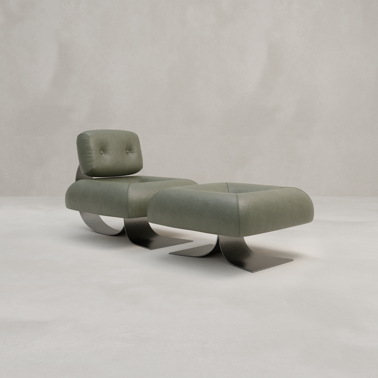 The Paolo Chair With Ottoman features a chic, modern design with sage green leather upholstery and curved metal bases, shown against a neutral light gray background.