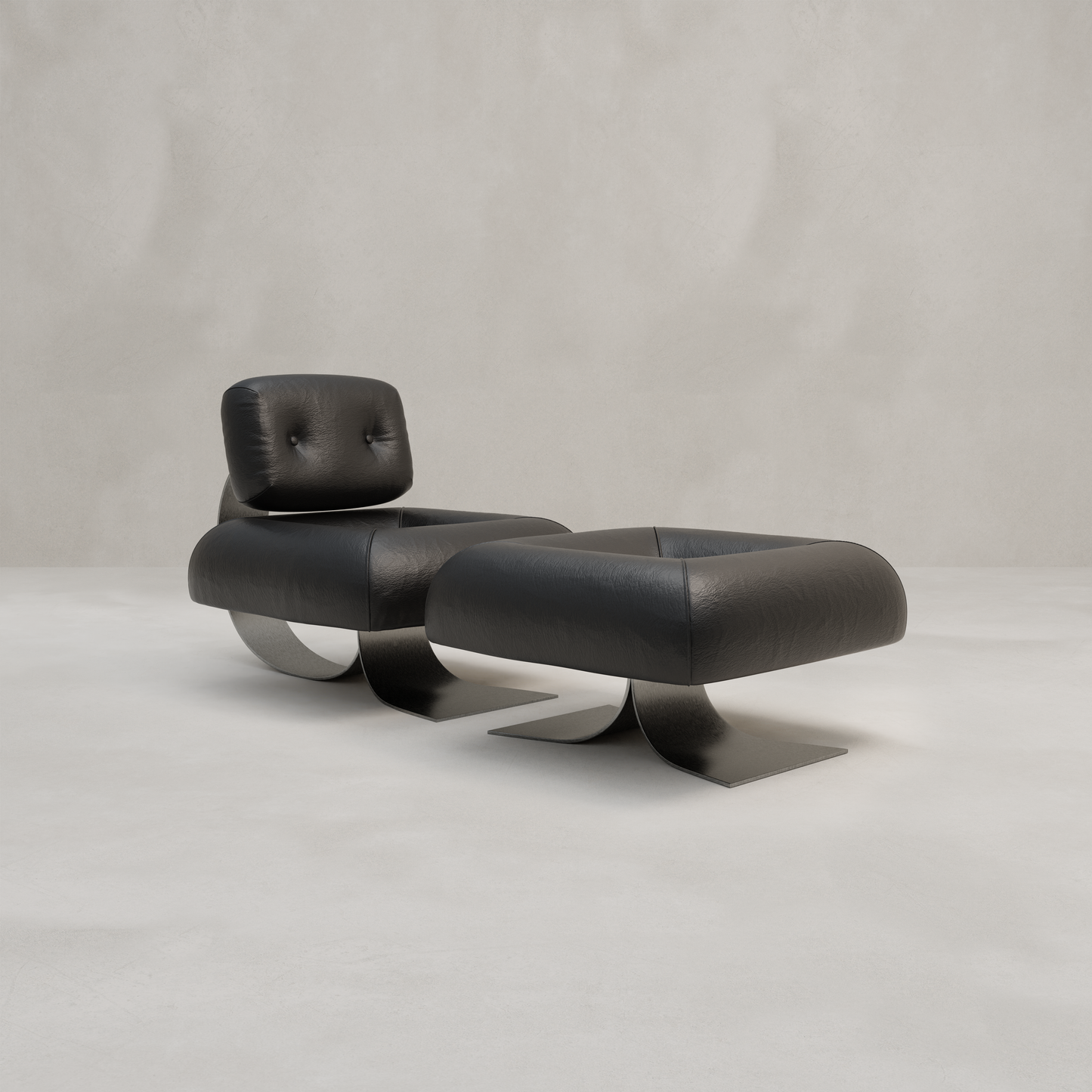 The Paolo Chair With Ottoman features modern black leather upholstery and curved metal bases for an industrial touch, shown together against a plain light gray background.