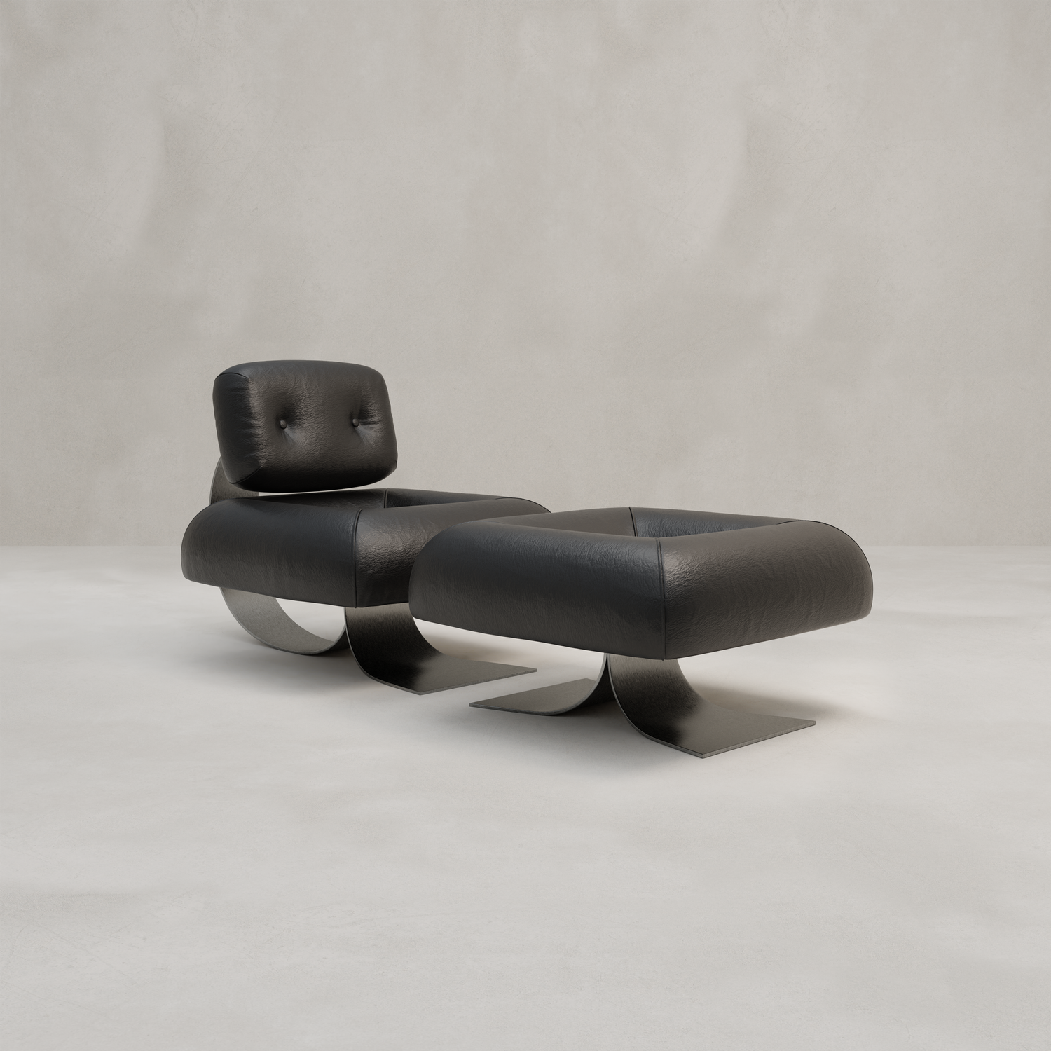 The Paolo Chair With Ottoman features modern black leather upholstery and curved metal bases for an industrial touch, shown together against a plain light gray background.