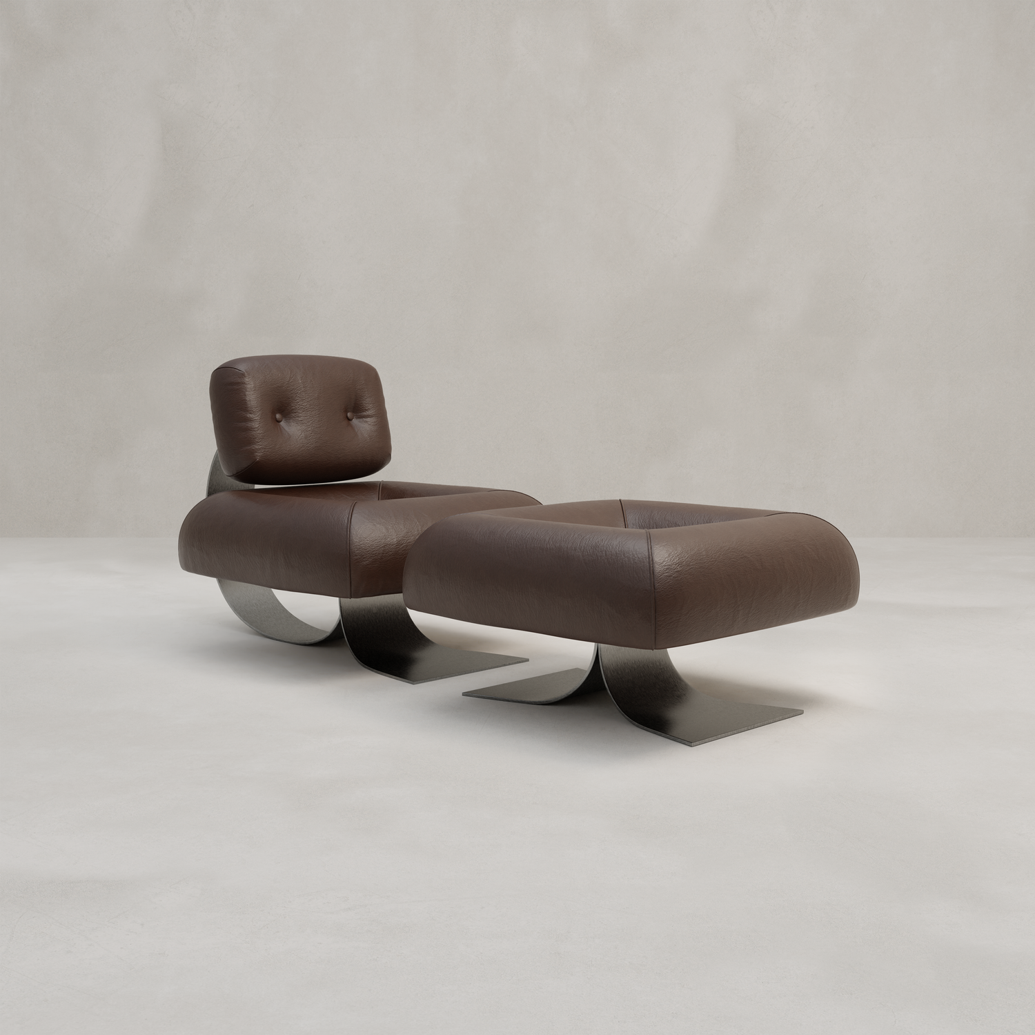The Paolo Chair With Ottoman features modern brown leather upholstery and curved metal bases, delivering a chic look. Both pieces are displayed together against a plain light grey background.
