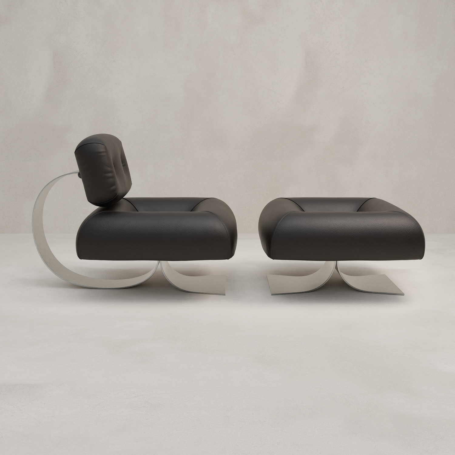 The Paolo Chair With Ottoman is a modern black leather lounge chair with a curved metal frame and matching ottoman, set against a light gray background. This chic set features sleek contemporary lines and a subtle industrial edge.