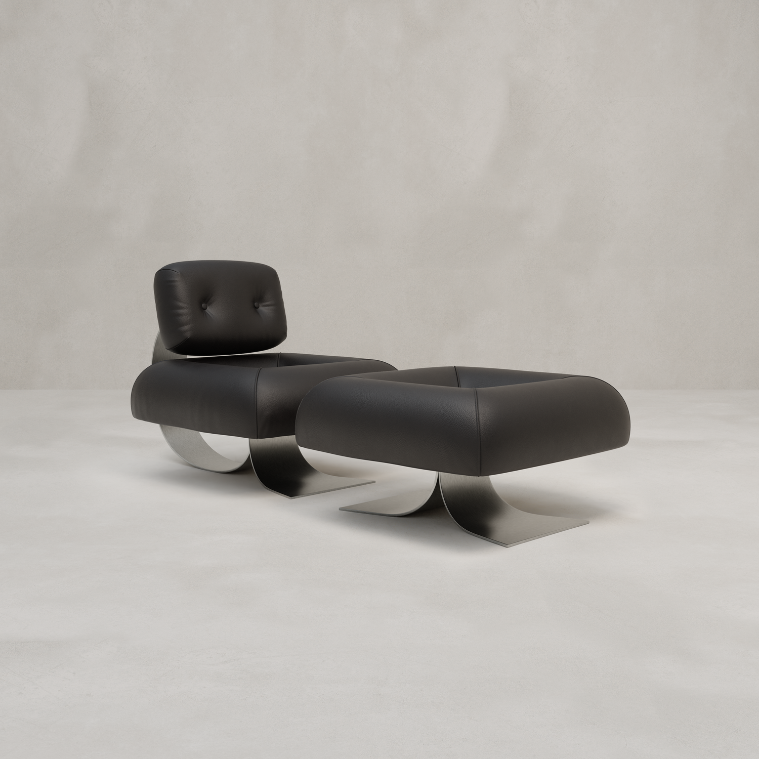 The Paolo Chair With Ottoman features a modern black leather design with curved metal bases, offering chic style and comfort, shown against a plain light gray background.