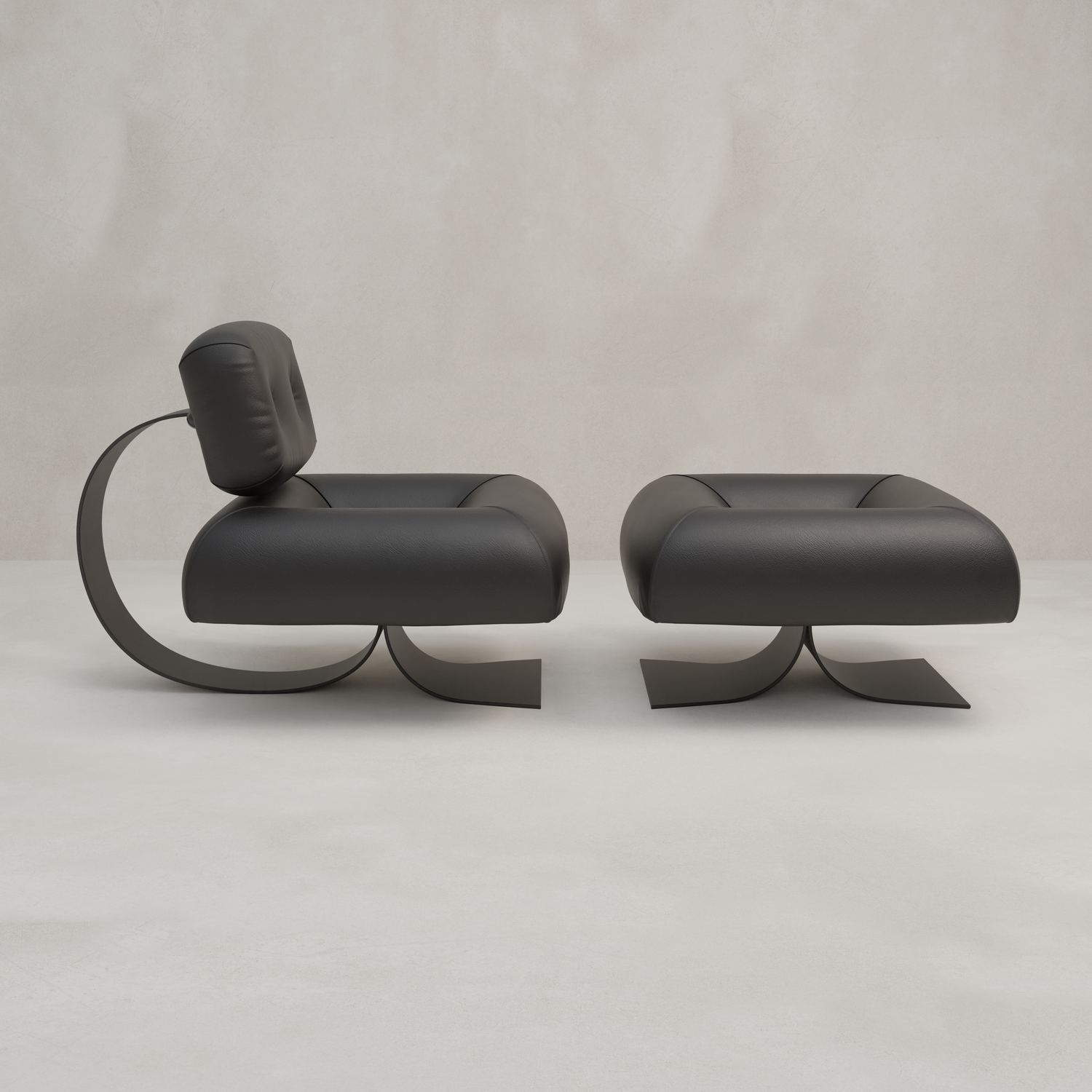 The Paolo Chair With Ottoman is a modern black leather lounge chair and matching ottoman with curved metal bases and chic design, shown against a plain light gray background.