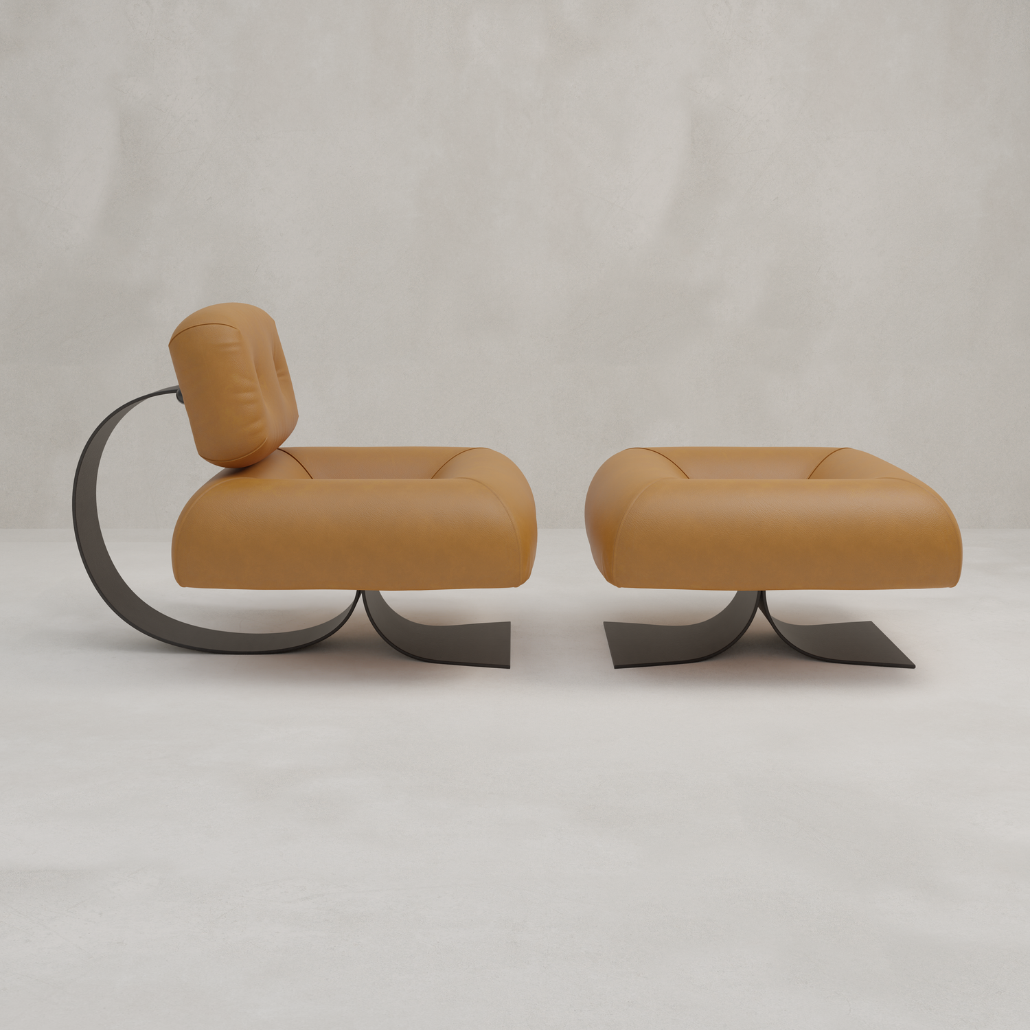The Paolo Chair With Ottoman, featuring modern tan leather and a curved black metal base, adds an industrial touch atop a light gray floor against a minimalist light gray wall.