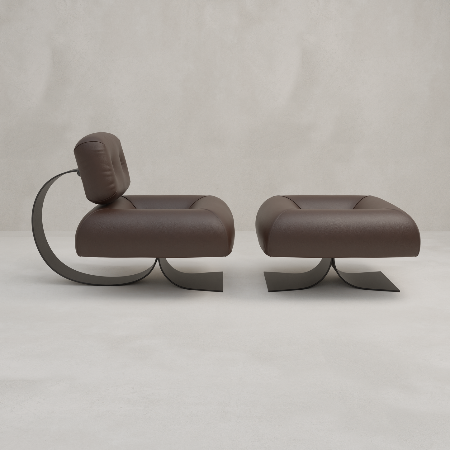 The Paolo Chair With Ottoman is a modern brown leather lounge chair with a matching ottoman, featuring black curved metal bases and an industrial style, set against a light gray minimalist backdrop.