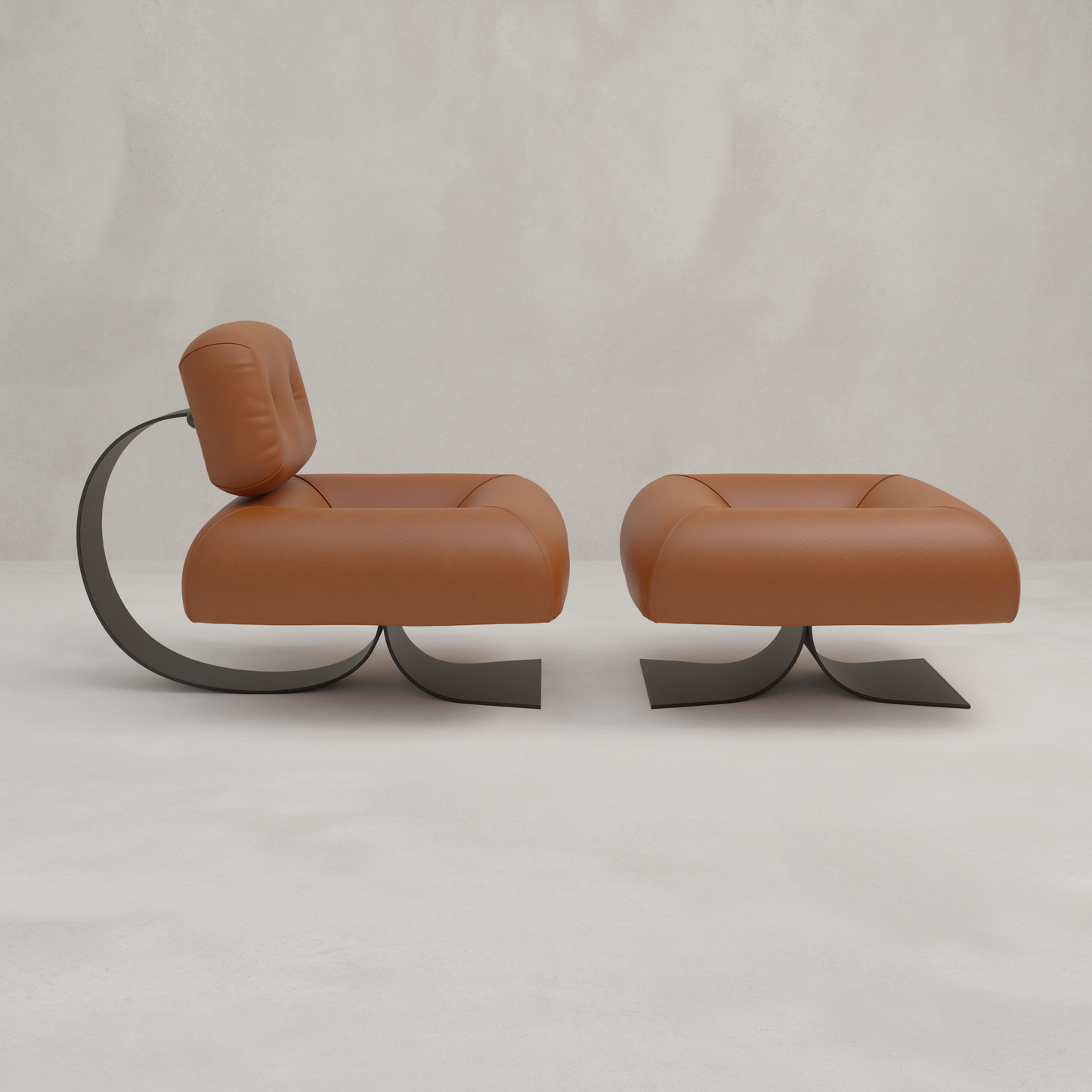 The Paolo Chair With Ottoman, featuring modern brown leather and curved black metal bases, adds contemporary style to the space against a plain light gray background.