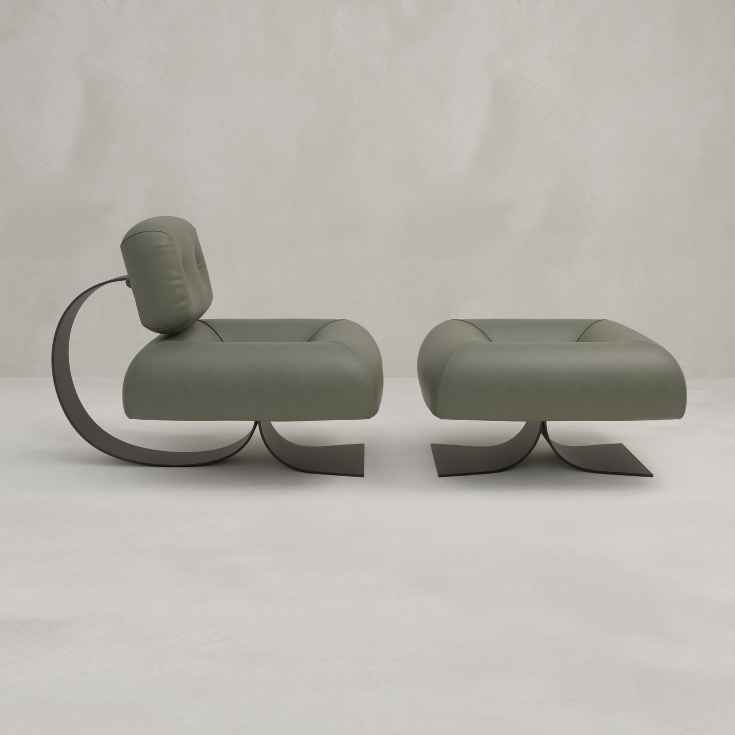The Paolo Chair With Ottoman features a modern green design with curved metal bases, paired together for contemporary style, set against a light textured background.