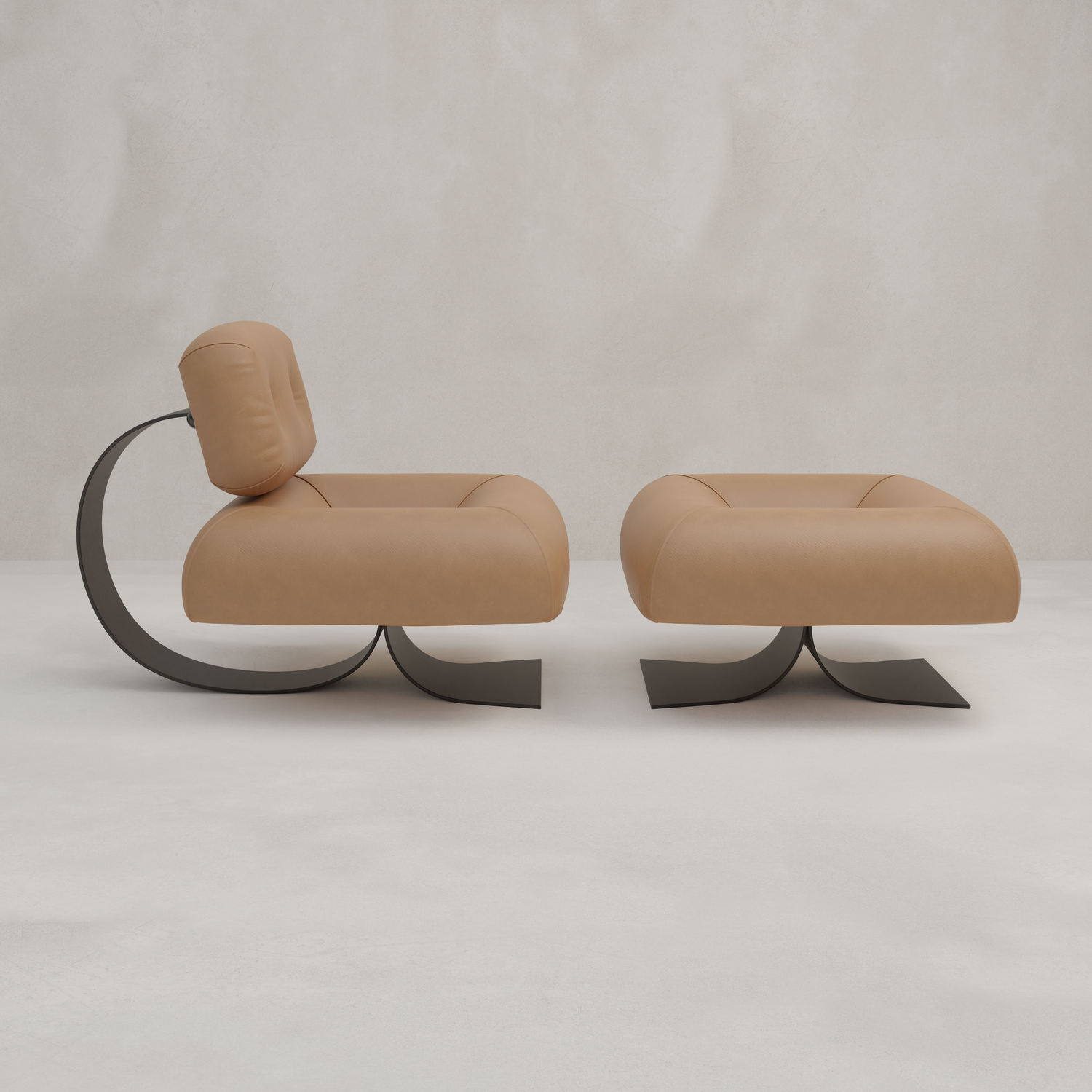 The Paolo Chair With Ottoman, in modern tan leather with curved black metal bases, adds chic style to your space, set against a minimalist light grey background.