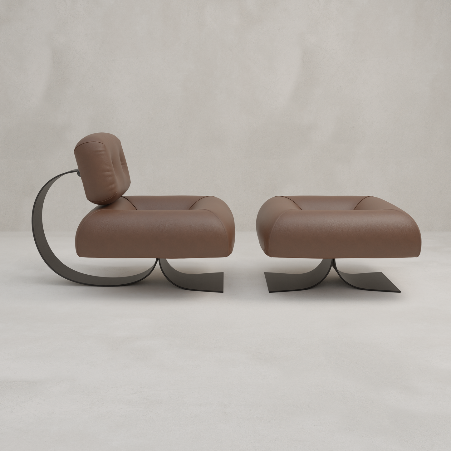 The Paolo Chair With Ottoman features modern brown leather upholstery, curved black metal bases, and an industrial edge, displayed against a light gray textured wall and floor.