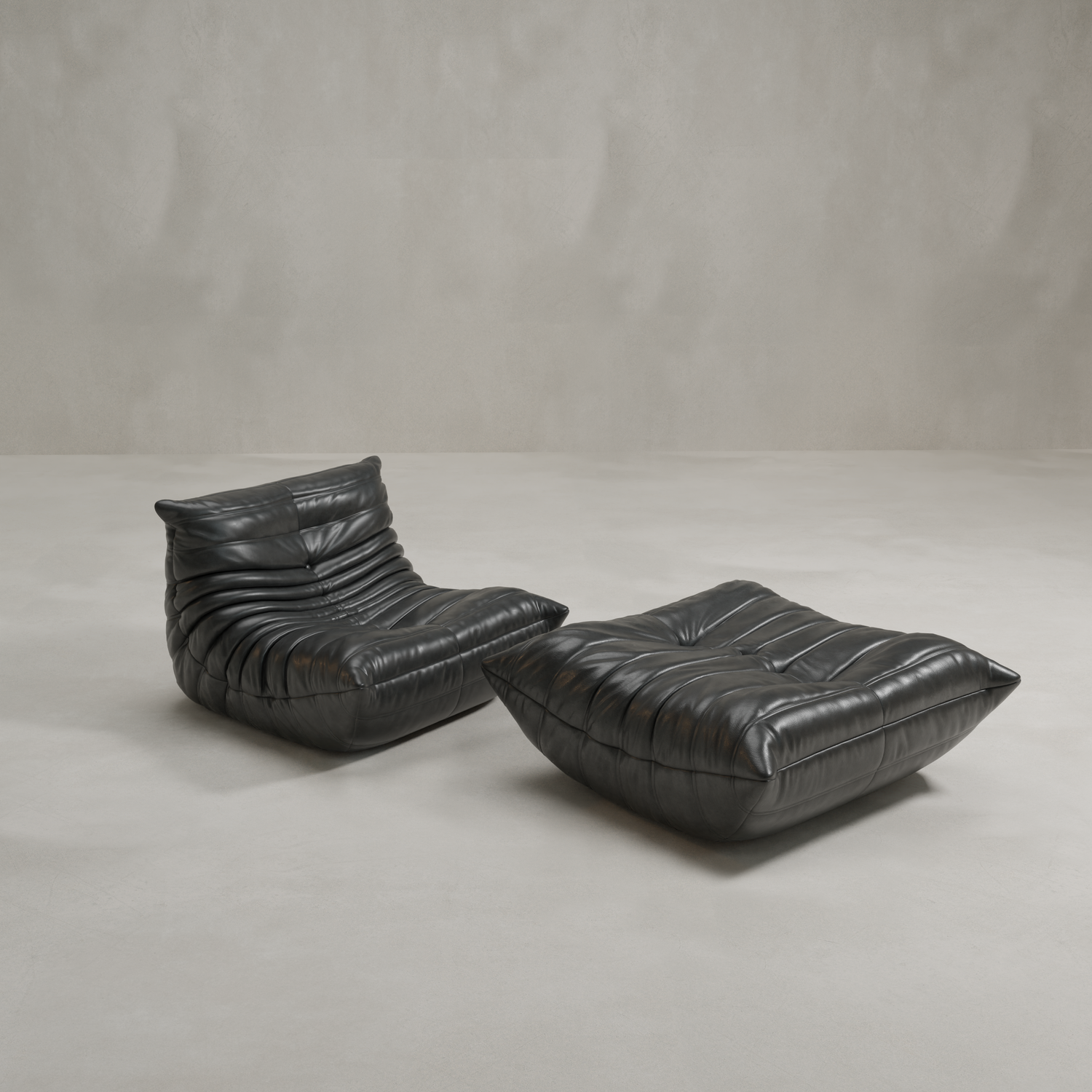 The Rolo Lounge Sofa Chair with Ottoman features a modern, 70s-inspired design in black leather with deep horizontal tufting, shown here on a light, minimalist background.