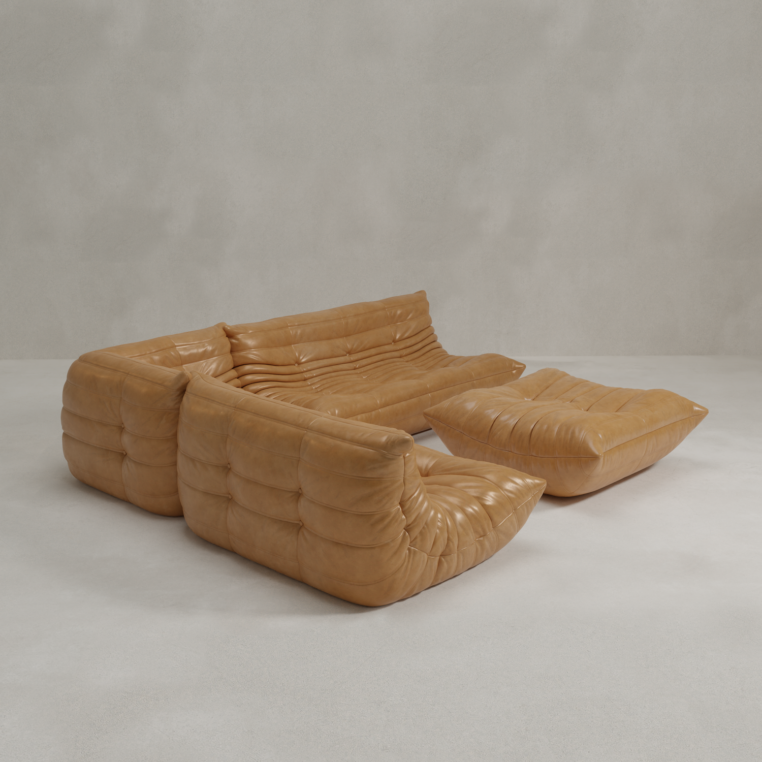 The Rolo Lounge Four Piece Sofa, in modern tan leather with tufted cushions and mid-century design, is arranged L-shaped with a matching ottoman in front against a plain light grey background.