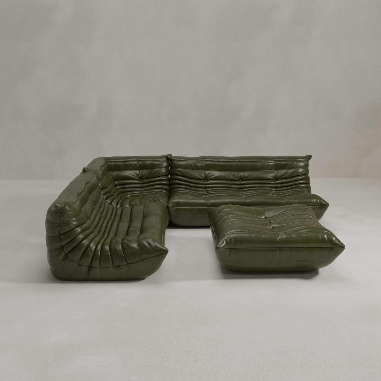 The Rolo Lounge Four Piece Sofa is an olive green, L-shaped modular sectional with deep tufted cushions and subtle mid-century design, displayed against a plain light gray background.