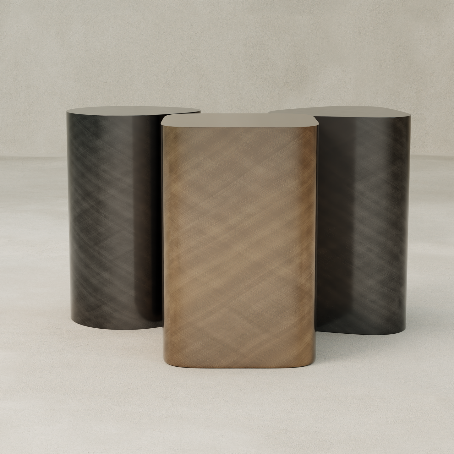 The Set of Solaris Side Table features three tall, rounded rectangular columns with textured metallic surfaces in bronze and dark gray, evoking modern luxury and minimalist design on a light neutral background.
