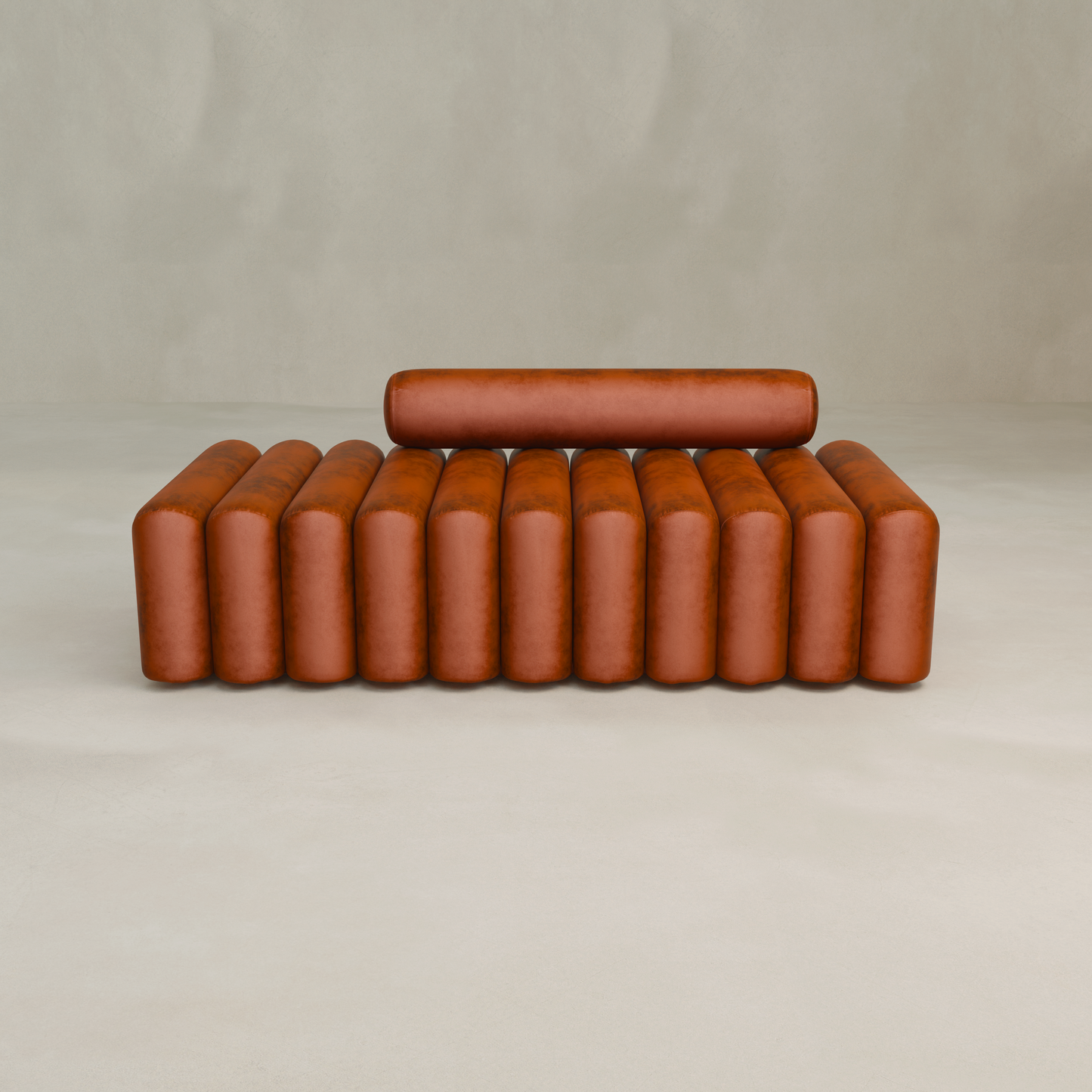 The Sonorra Bench Large is a modern sofa with a cylindrical ribbed backrest and seat in brown leather upholstery, set against a plain beige background.