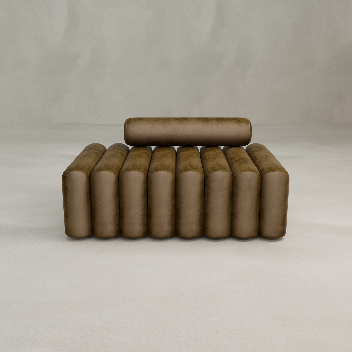 The Sonorra Bench Medium features plush seating with horizontally arranged cylindrical cushions and a single cylindrical backrest, all in a modern brown design set against a plain, light-colored background.