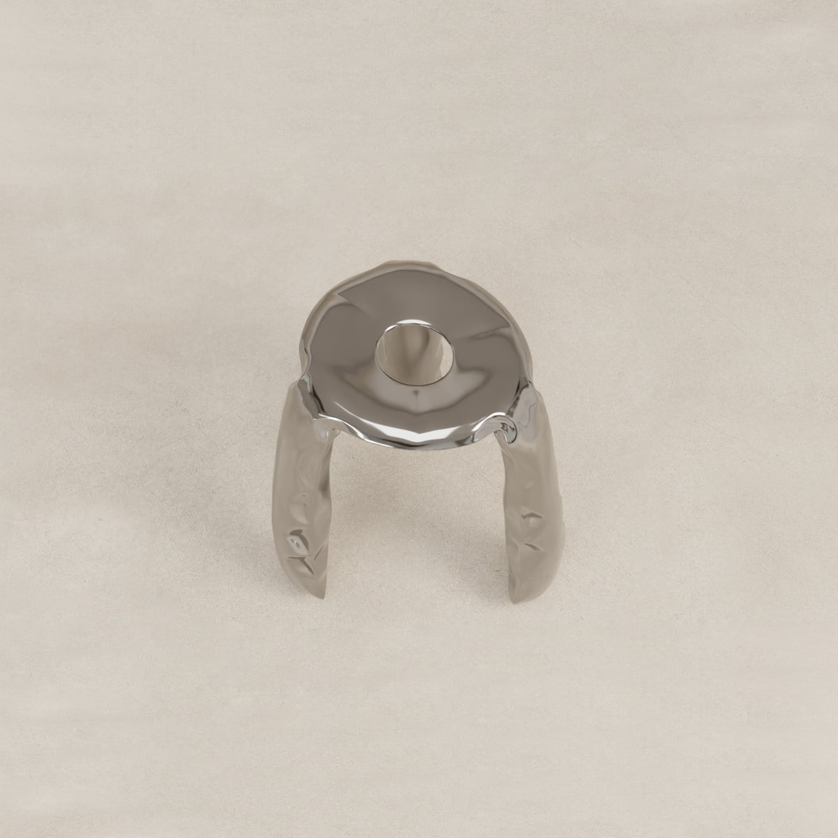 The Araknid Stool Large Rental features a metallic, circular flat top with three curved legs in an ergonomic, futuristic design, displayed on a light textured surface.