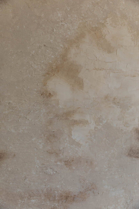A textured beige and brown wall with cracks, discoloration, and peeling paint creates a rustic, weathered look, reminiscent of handmade canvas art—similar to pieces from Art By Suzette Newman.