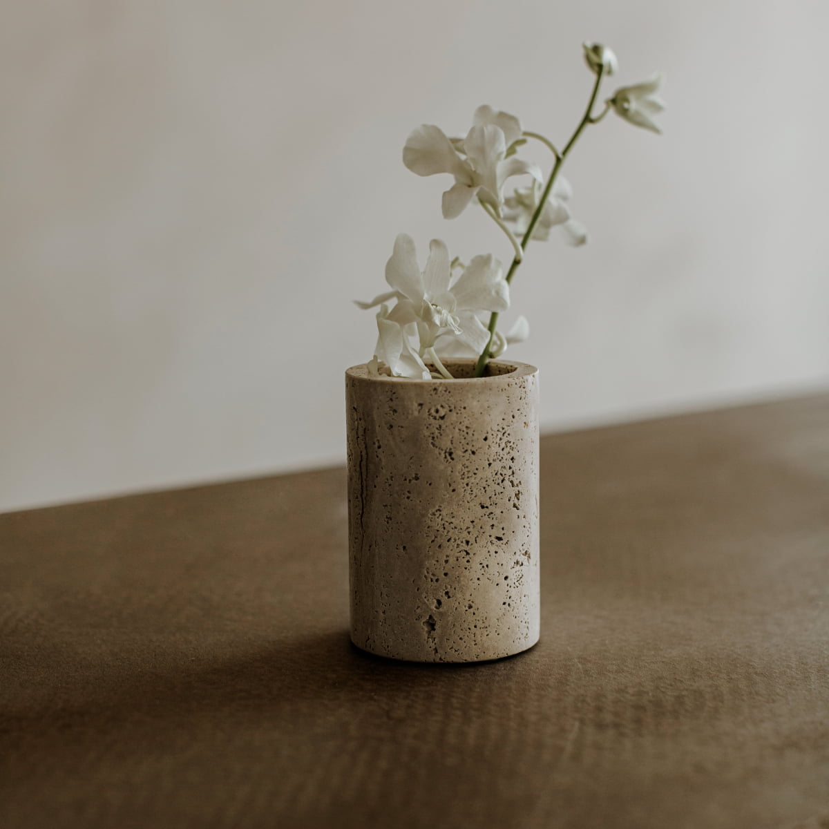 The Aurelia Goblet, a small beige travertine vase, holds a delicate white flower with several blossoms on a brown textured surface against a softly blurred background.