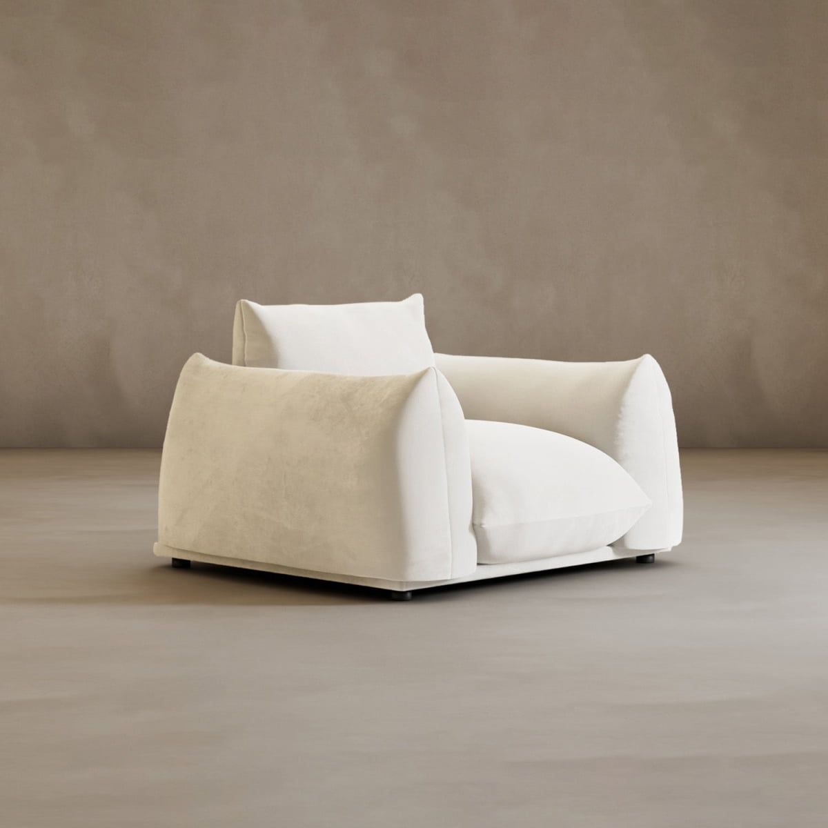 The Calypso Arm Chair features plush white cushions and soft, pillow-like armrests, combining comfort with modern elegance.