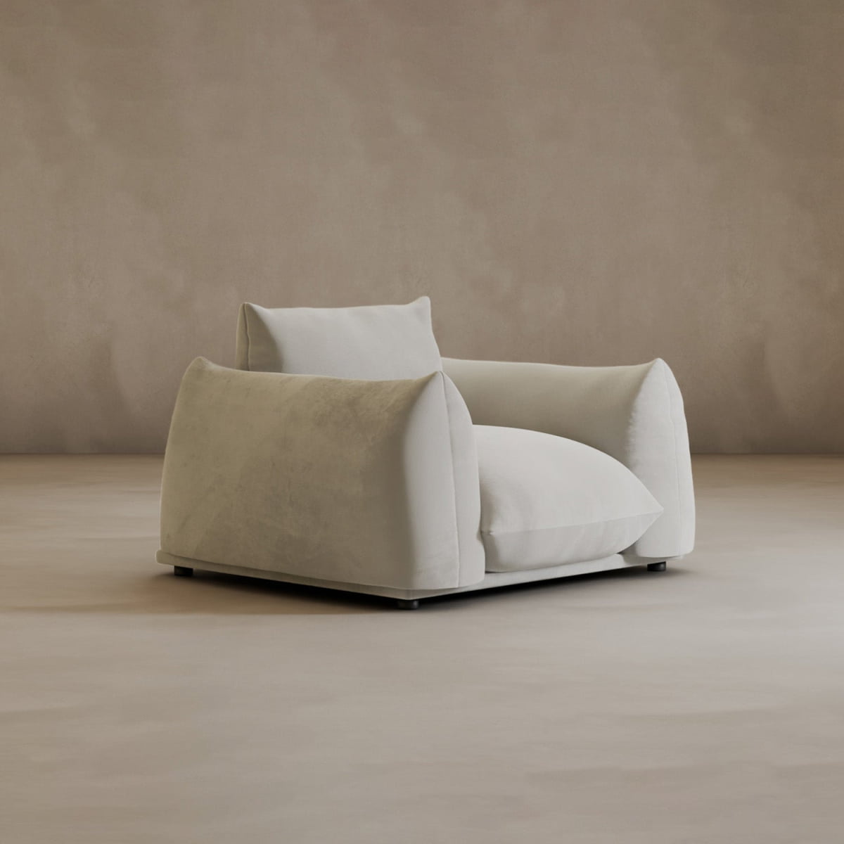 Enjoy plush comfort with the Calypso Arm Chair—a modern piece featuring oversized cushioned arms and soft beige upholstery for an elegant look.