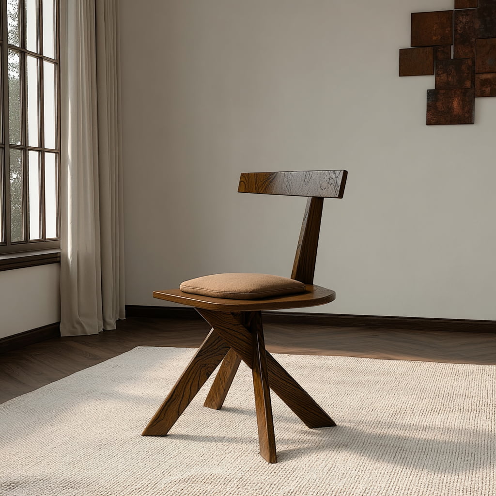 A Cartel Chair with striking angles and a brown cushion rests on a light rug in a minimalist room with cream walls, a large window, and geometric wall art, adding modern sophistication.